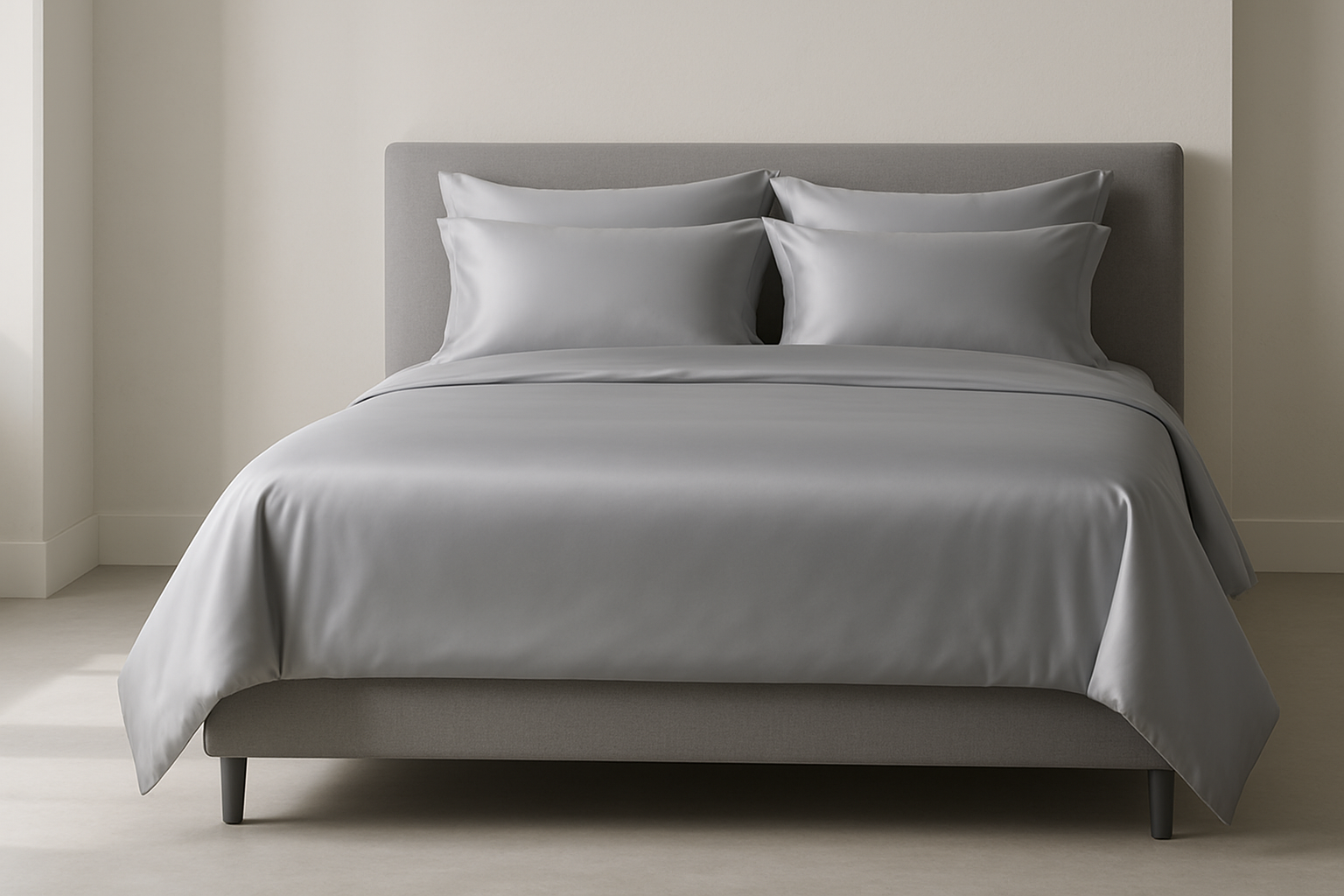 Finest tencel fibre queen size bed sheets in minimalist bed in grey color
