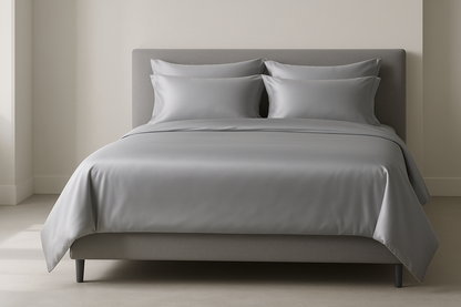 Finest tencel fibre queen size bed sheets in minimalist bed in grey color